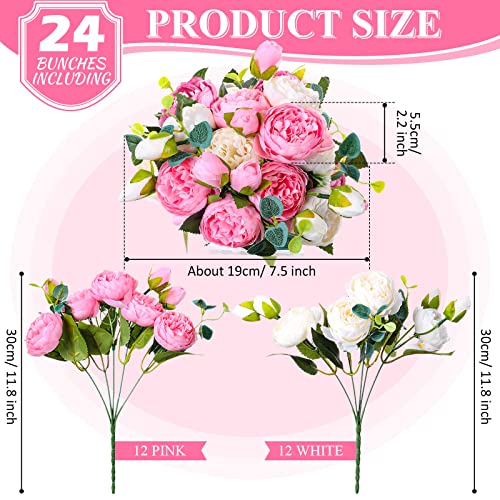 Hoteam 24 Bundles Artificial Peonies Flowers Wedding Faux Flowers Silk Peony Bouquet Bulk Bride Fake Florals Arrangements for Table Centerpieces Wedding Party Vase Decor (Light Pink, White) - color: Light Pink, White