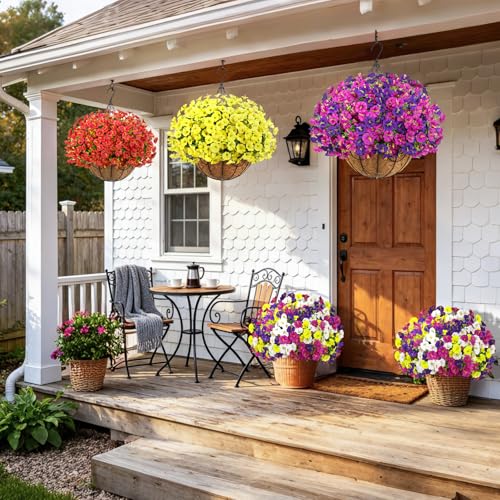 Artificial Hanging Flowers with Basket for Outdoors, UV Resistant Faux Silk Morning Glory with Eucalyptus Realistic Fake Hanging Plants for Spring Summer Outside Decor (Yellow) - color: Yellow