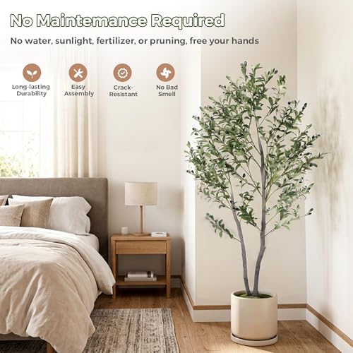 Jocoevol Olive Tree Artificial Indoor 5FT，Tall Faux Olive Tree with White Planter，Realistic Artificial Olive Tree Indoor with Natural Trunk and Lifelike Fruits for Home Office Living Room - size: 5ft