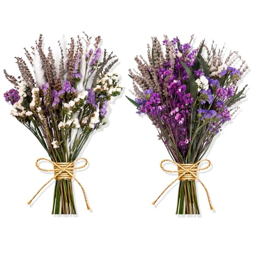 2 Pack Large Dried Flower Bouquets 15.7 inch Lavender Baby Breath Forget Me Not Boho Wedding Decor DIY Home Decorations Preserved Floral Arrangement Gifts Purple, White - color: Purple, White