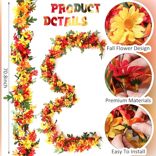 6 ft Fall Artificial Flower Garland for Mantle Autumn Fake Orange Wildflower Floral Sunflower Garland Hanging Vines for Thanksgiving Wedding Arch Table Ceremony Home Party - style: Flower