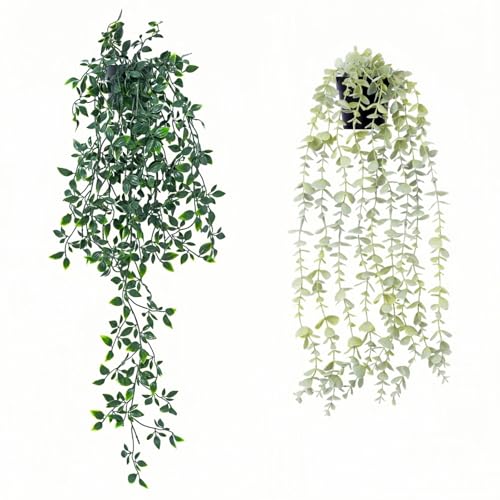 Freyalife 2pcs Fake Hanging Plants for Room Decor,Artificial Potted Plants Eucalyptus for Aesthetic Vintage Boho Home Office Living Bedroom Wall Patio Bathroom Bookshelf Christmas Indoor Outdoor Decor - color: 2 Pots of Mandala Eucalyptus