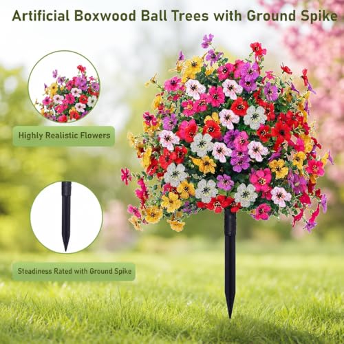 THKFUL Artificial c Trees Flower Ball Outdoor Set of 2, D15.8 UV Resistant Faux Boxwood Plants Flower Ball with Stake,Realistic Faux Shrubs Planter Filler for Front Cemetery Porch Garden - style: Violet