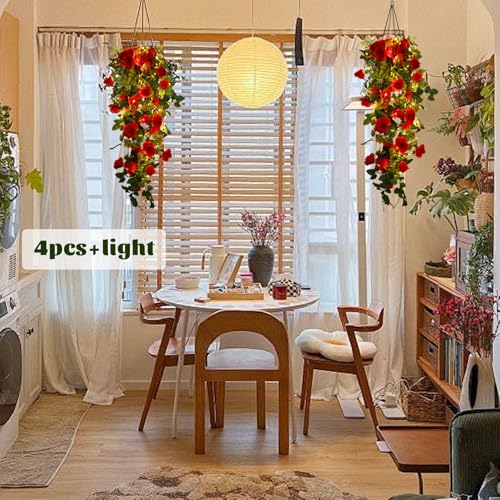 RECUTMS Artificial Red Roses Hanging Flowers Plants, 2 pcs 3.3 Ft Fake Silk Floral Ivy Garlands with 30 Fairy String Lights Greenery for Home Room Garden Wedding Arch Indoor Outdoor Wall Party Decor - color: Red, size: 2 pcs light