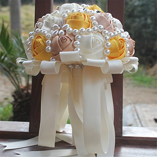 USIX Handcraft Popular Satin Rose Rhinestone Brooch Flower Pearl Bridal Holding Wedding Bouquet Wedding Flower Arrangements Bridesmaid Bouquet(Yellow) - color: Yellow