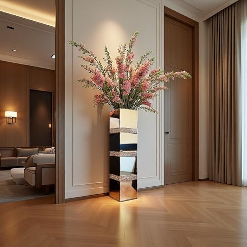 30" Large Crushed Diamond Floor Vases,Tall Mirrored Silver Crystal Vase, Floor Vases Decorative Tall,Big vase for Home,Office,Hotel (8" L x 8" W x 30" H) - size: Crushed Diamond:8''L X 8''W X 30''H
