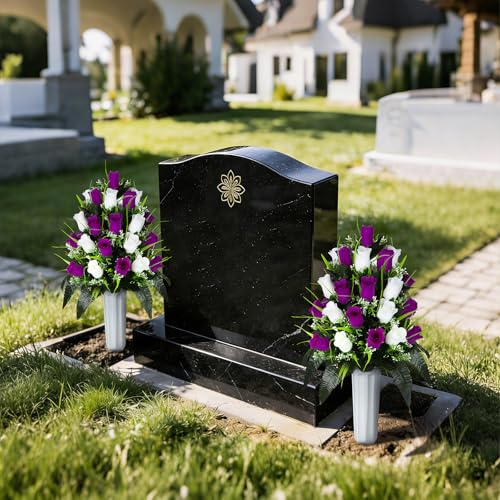 XONOR 2 Sets Artificial Cemetery Flowers, Grave Decorations Roses, Memorial Flowers Bouquet with Vase for Grave Cemetery Decoration (Purple Red&White) - color: Purple Red&white