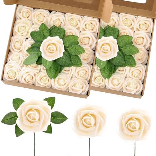 50 Pcs Artificial Foam Rose Flower Faux Bouquet Wedding Fake Rose Gift for Mother's Day Women DIY Bridal Shower Party Table Birthday Home Spring Decor (Champagne) - color: Champagne