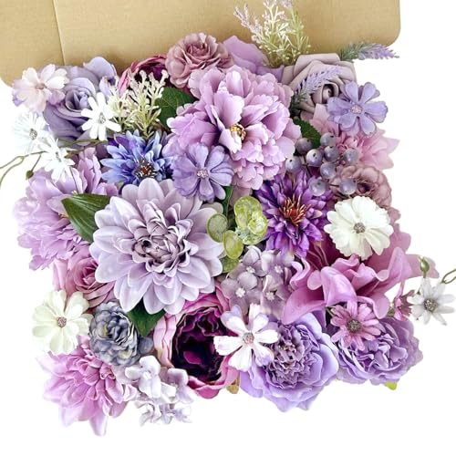 Dusty Purple Artificial Flowers Combo Box Set Silk Dahlia Roses with Stems Lilac Lavender DIY Bridal Wedding Bouquets Cake Top Fake Floral Arrangements Baby Shower Party Table Centerpieces Home Decor - color: Purple, Lilac