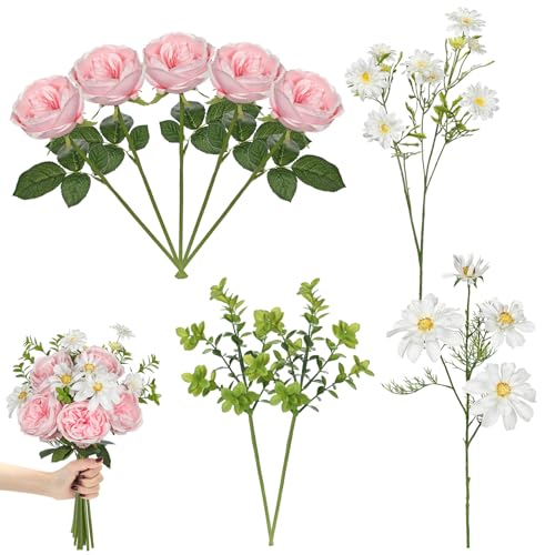 GnFlus Peonies Artificial Flowers, 9PCS Mixed Pink Faux Flowers with Peonies & Daisies, Up to 18.5 Inch Long Silk Fake Flowers for Vase DIY Wedding Bouquet Party Centerpieces Arrangement Home Decor - color: Peony, Pink
