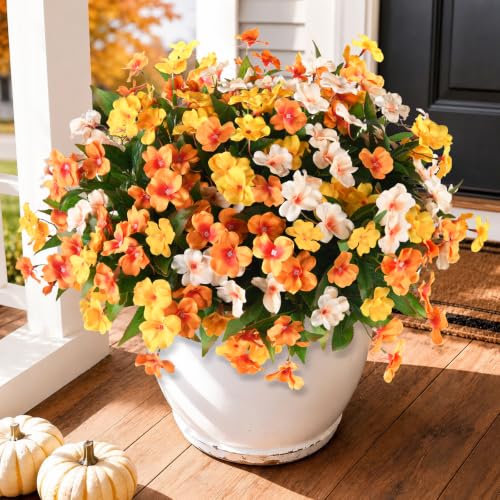 Hommyea Artificial Fake Flowers for Outdoor, 6 Bundles UV Resistant Faux Plants Decoration Silk Flowers No Fade Plastic Flowers for Outside Planters Home Porch Patio Yard Garden Decor(Purple) - color: Orange,yellow,white