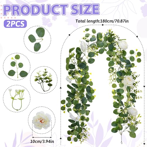 2 Pack Artificial Flower Garlands, 6 Ft Garland for Table Decor, Eucalyptus Garlands with White Roses Centerpieces Greenery Wedding Vines Garland for Backdrop Indoor Outdoor Decor