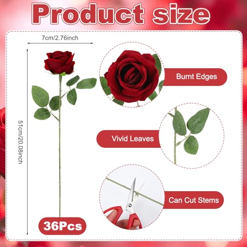 36 Pcs Velvet Texture Burgundy Artificial Flowers Bridal Bouquet, Fake Rose Long Stem Realistic Flowers Bulk for Valentine's Day Wedding Bouquet Ball Arrangement Centerpiece Party Home Decor - color: Burgundy