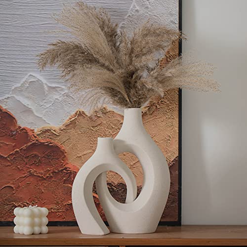 Levvohd XL Beige Ceramic Vase Set of 2 for Modern Home Decor, Eclectic Entryway Modern Boho Hollow Flower Vases for Living Room Bookshelf Dining Coffee Table Centerpiece (W 6.8" X H 11") - color: Beige - Xl Hollow