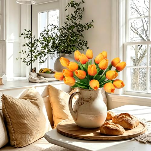 Beferr 18pcs Tulips Artificial Flowers Faux Tulip Real Touch Tulip Fake Flowers Bouquets Arrangements for Mothers Day Spring Easter Wedding Home Table Decor Orange - color: H-18pcs-1colors-dorange, size: 18PCS