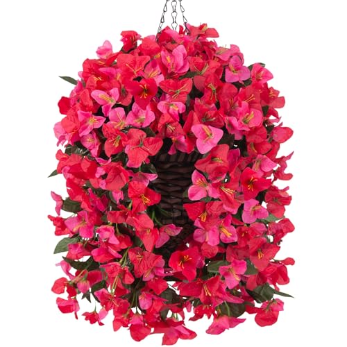 Ivydale Bougainvillea Artificial Hanging Fake Flowers with Basket for Outdoors Decoration, Faux Silk Flowers UV Resistant Fake Plants Long Vines Realistic for Outside Front Door Porch Patio, Red Pink - color: Red Pink