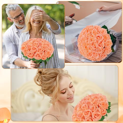36 Pcs Peach Pink Artificial Roses with Long Stems, Fake Silk Rose Artificial Flowers Bulk for Bridal Wedding Bouquet Centerpiece Ball Arrangement Party Decor - color: Peach Pink