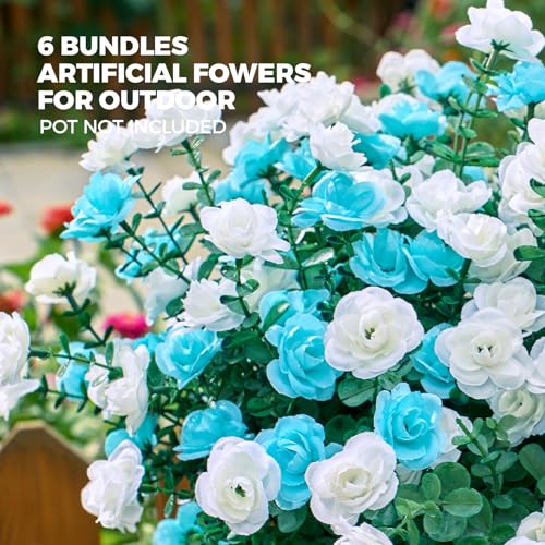 PONKING Artificial Flowers for Outdoors Patio Decoration 6 Bundles Fake Flower Rose Head UV Resistant Faux Plants Yard Garden Porch Home Boxwood Patio Independence Day Decor, Mix Blue & White Flower - color: C White Blue Rose 6pcs
