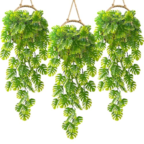 RAINFLOW 3PCS Fake Hanging Plants - 27.5" Uv Resistant Artificial Monstera Vines with 69 Ivy Leaves, Faux Monstera Plant for Wall Shelf Room Patio Garden Wedding Hawaiian Jungle Themed Party Decro - size: 27.5"