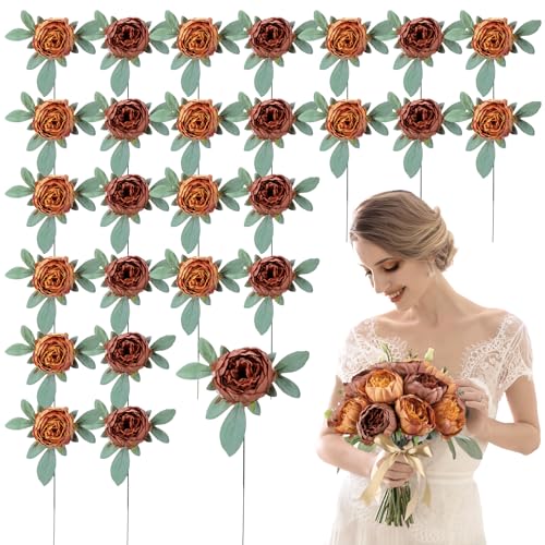 Zeyune 50pcs Artificial Peonies Flowers 4'' Fake Peonies DIY Craft Silk Flower Bulk for Home Wedding Bridal Bouquet Birthday Dining Room Table Centerpieces Backdrop Party Decor(Brown and Orange) - color: Brown and Orange