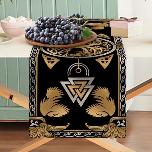 Viking Tree of Life Pagan Dining Table Runner, Vintage Black Gold Raven Birds Celtic Style Nordic Medieval Burlap Kitchen Decoration, Retro Indoor Outdoor Home Decor Party Supply 13 x 48 Inches - color: Viking Tree, size: Table Runner 13''X48''