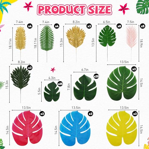 84 Pcs Artificial Palm Monstera Leaves Colorful Set Tropical Fake Leaves Monstera Green Pink Yellow for Luau Hawaiian Theme Party Table Decoration Beach Wedding Birthday Summer