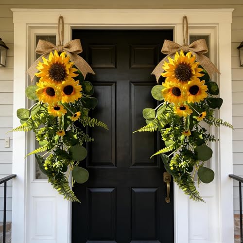 24in Artificial Sunflowers Teardrop Swag Spring Summer Sunflowers Floral Swag Wreath with Burlap Bow Fake Yellow Sunflower Garland for Front Door Indoor Outdoor Window Home Decor - color: Sunflower Swag