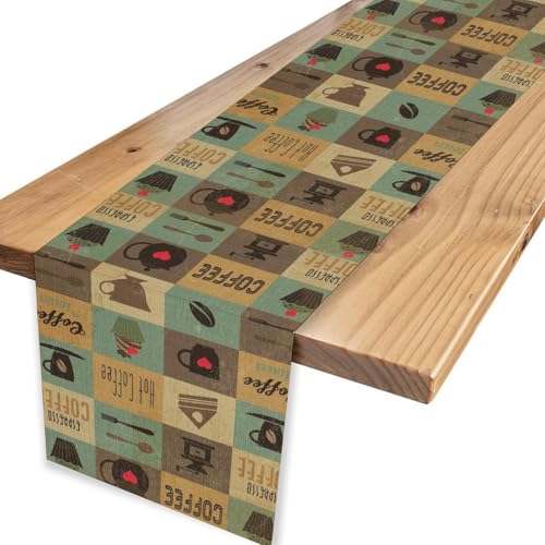Coffee Theme Table Runner, Rustic Coffee Time Cafe Cup Tea Bean Drinks Vintage Farmhouse Teal Table Center Decor for Family Kitchen Farmhouse Holiday Party Table Decorations,, 13"x36" - color: Coffee-7, size: 13“ X 36"