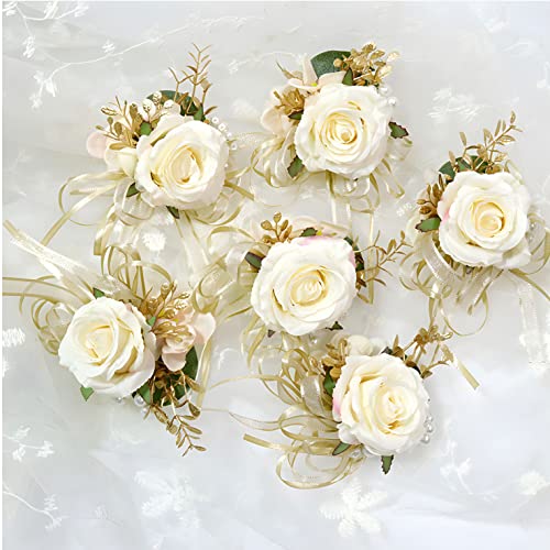 Boutonniere for Wedding Groom 2pcs Champagne Satin Rose Groomsmen Best Man Father Suit Lapel Flower Button Hole Artificial Flower With Gold Ornament for Prom Homecoming, Tea Party, Formal Dinner - color: Champagne Boutonniere
