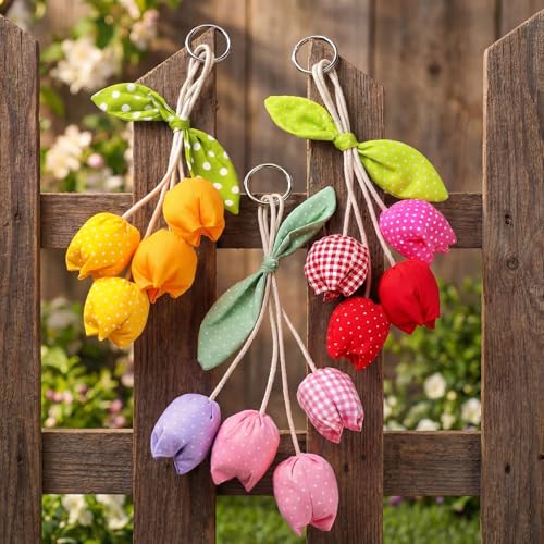 HunnmingRe 3 Pcs Spring Fabric Tulip Flowers Mother's Day Hanging Ornaments Handcrafted Artificial Tulip Pendant Flower Bouquet with Leaf Hanging Accessories for Women Mom Girl Keyring Bag Charm Gifts