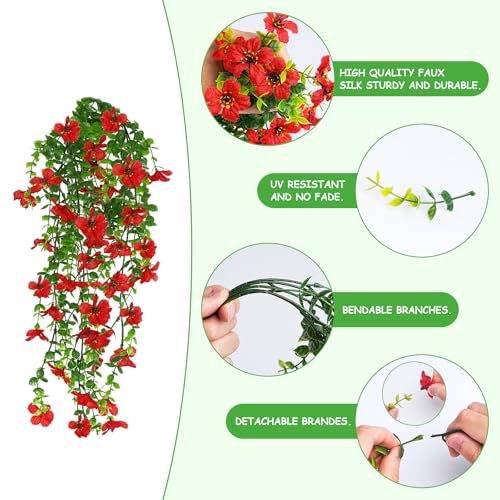 Artificial Hanging Flowers for Outdoors UV Resistant Fake Flowers Realistic Silk Faux Spring Hanging Flower for Patio Porch Garden Yard Fence Wall Decor(Red, 6 Pack) - color: 6pcs Red