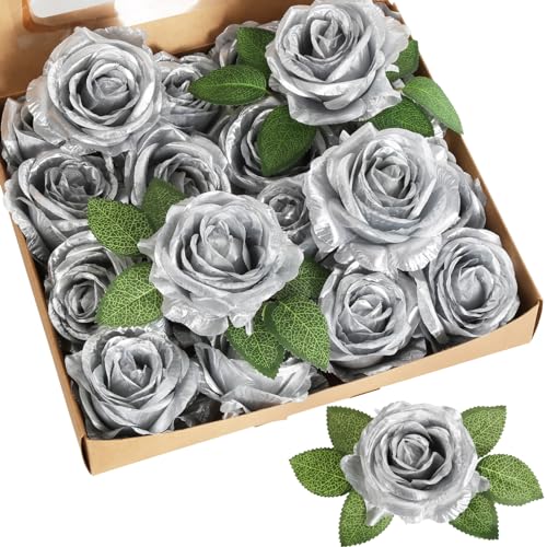 20pcs Silver Roses Artificial Flowers Fake Roses Real Looking Silk Flowers Bulk Big Faux Flowers with Stems for Wedding Centerpieces Table Home Party Decor Bridal Floral Arrangements (Silver) - color: Silver