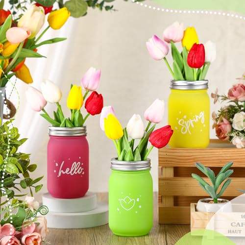 Hotop 15 Pcs Spring Decorations Tulips with 3 Mason Jar Table Centerpiece Multicolor Artificial Tulip Flowers Mason Jar Decoration Potted Tulips Flower for Office Wedding Party Floral Decorations
