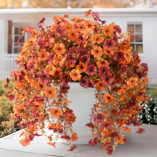 Homsunny Artificial Faux Mums Fall Flowers for Outdoor Outside Decoration, 2 PCS Fake Silk Daisy Flower Plants Realistic UV Resistant for Home Porch Balcony Patio Autumn Decor (Orange Brown - color: Orange Brown
