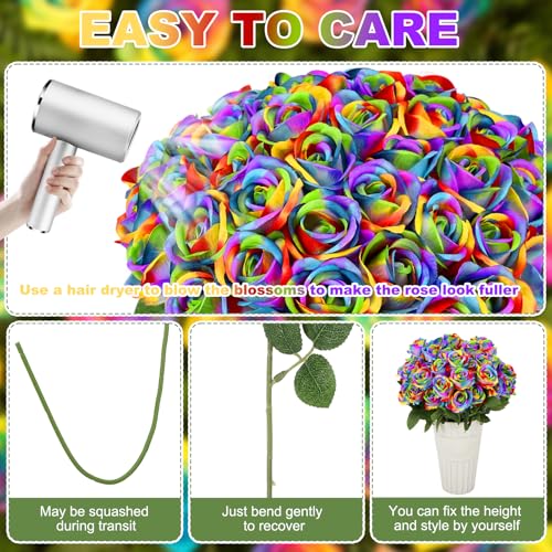 72 Pcs Artificial Roses Rainbow Fake Silk Roses Realistic Roses Faux Flower Indoor Wedding Home Decor, Birthday Decorations - color: Rainbow