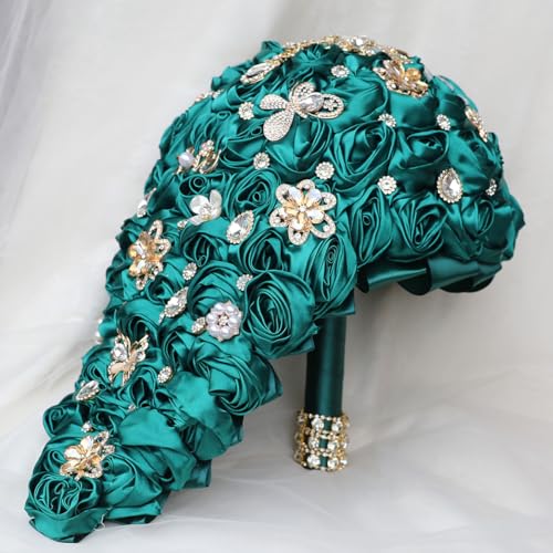 Luxury Cascade Bridal Wedding Bouquet Satin Rose Waterfall Holding Bouquet Artificial Flower Bunch for Bride Bridesmaid(Dark Green, 15" x 7.5") - color: Dark Green #3, size: 15"L x 7.5"W(38cm x 19cm)
