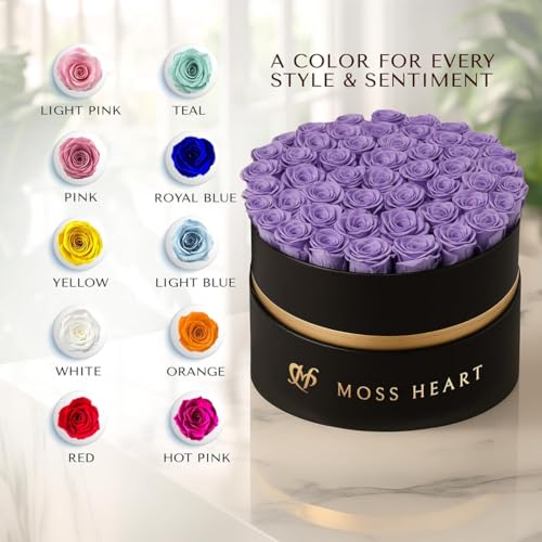 50 Petite Preserved Roses, Designer Round Box, Real Forever Roses Last 1+ Year, Premium Gift for Women, Wife, Girlfriend, Mother’s Day, Birthday, Anniversary, Valentine’s Day - color: Purple, size: 50 Roses