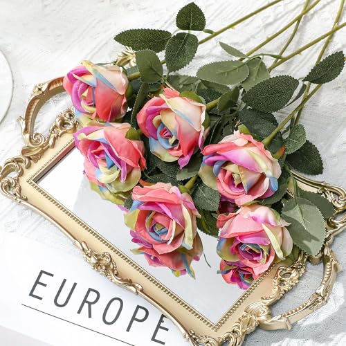 Hotop 40 Pcs Rose Artificial Flowers Bulk with Long Stem,Realistic Silk Fake Roses Bouquet for Home Wedding Centerpieces Party Table Decoration Valentines Gifts(Rainbow Color) - color: Rainbow Color