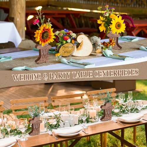 LemonRoad 6 Pcs Wooden Cowboy Boot Vases for Wedding Small Cowboy Boot Hat Flower Vase for Flower Faux Greenery Rustic Western Decor for Table Centerpiece Weddings Party - color: Brown, size: Boot with Hat