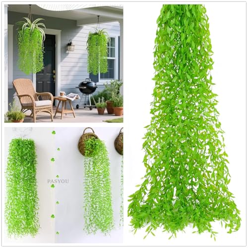 Artificial Hanging Vines Fake Ivy Green 10, Pack Plastic Stems Greenery Faux Weeping Willow Plants Leaves Vine for Wedding Party Indoor Outdoor Home Decor Garden Balcony Patio Planter DIY Decorations - color: Willow Branches - Green 10 Pack