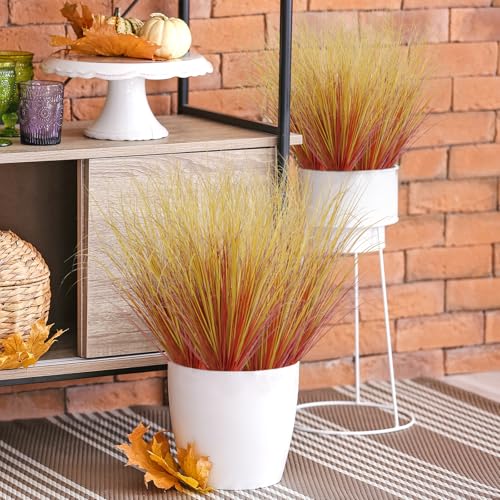 Betylifoy 28Pcs Artificial Fall Plants Outdoor Faux Fall Wheat Grass Greenery Stems UV Resistant Artificial Onion Grass Autumn Fake Shrubs Plant for Outdoor Indoor Window Home Fall Decor - color: Autumn Red
