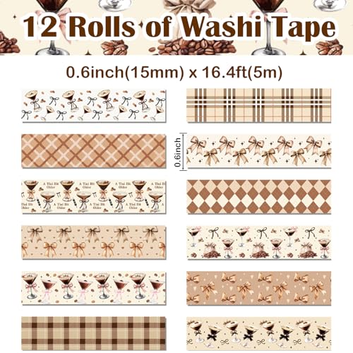 12 Rolls Martini Washi Tape, Vintage Brown Checkered Bow Masking Tape, Martini Coffee Decorative Sticker for Birthday Party Afternoon Tea Holiday Scrapbook Journal DIY Craft Gift Wraps 16.4FT - color: O