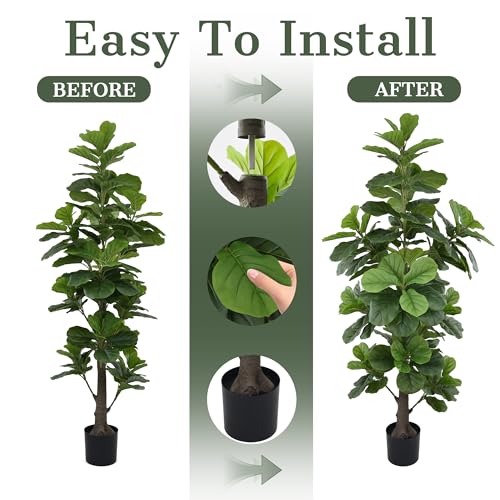 Artificial Fiddle Leaf Fig Tree 6ft, Tall Faux Ficus Lyrata Plant with Realistic Leaves and Trunk, 72" Fake Fig Trees in Black Pot for Home Office Living Room Porch Indoor Outdoor Decor