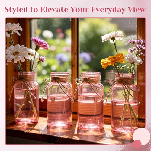 Glass Flower Vases for Centerpieces Boho Cylinder Bud Vases in Bulk Mason Jars for Weddings, Parties & Vintage Home Farmhouse (6, Pink) - color: Pink
