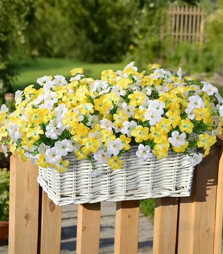 Artificial Flowers for Outdoors Fake Plants Outside Decoration, 20 Bundles Silk Petunia with Eucalyptus UV Resistant Realistic Faux Flowers for Outdoor Planters Garden Balcony Yard Porch Patio, Mix - color: 10 Yellow, 10 White