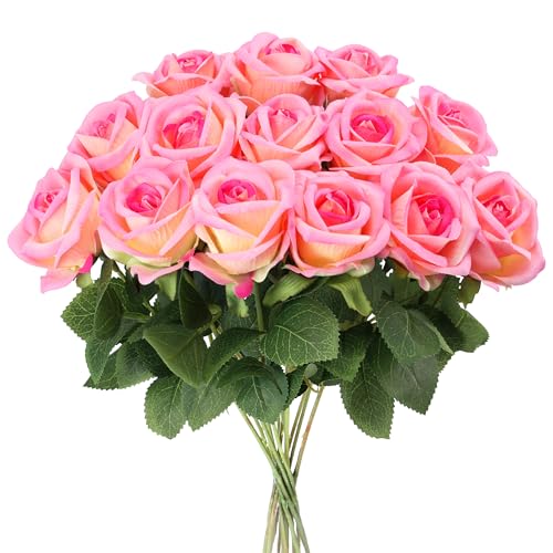 Auihiay 14PCS Yellow Pink Gradient Artificial Roses, Realistic Silk Fake Roses Flowers with Long Stem for Mother's Day, Wedding Centerpieces, Party & Home Decoration - color: Yellow Pink Gradient