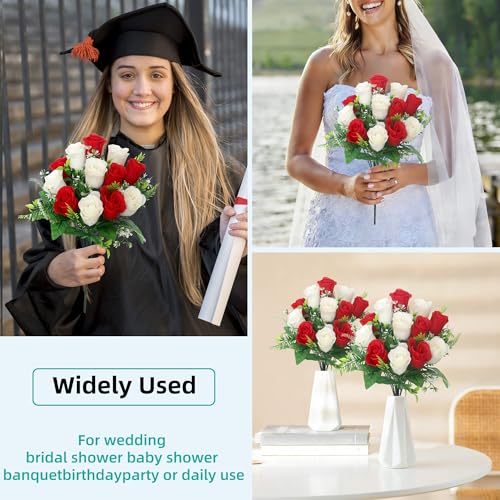Artificial Rose Bouquets Fake Roses Flowers Set of 4 Realistic Silk Flowers for Cemetery Headstone Home Wedding Decoration UV Resistant No-Fading(Red White) - color: Red White