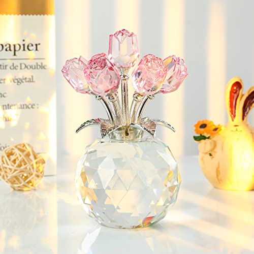 Movdyka Pink Rose Flower Crystal Figurine with Vase, Bouquet Flowers Ornament Gifts for Wife Girlfriend Women, Handmade Crystal Flower Collectible Home Table Decor for Wedding Anniversary - color: Pink-crystal Rose