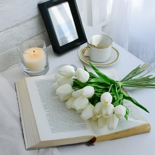 White Artificial Tulips Real Touch Fake Flowers, 20 Pcs PU Faux Tulips 13.5", Realistic Tulip Bouquet for Wedding Centerpiece Spring Home Kitchen Dining Table Vase Decoration Easter Floral - color: White