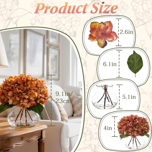 Orange Artificial Hydrangea Flowers with Glass Vase, Faux Floral Arrangements with Fake Water, Lifelike Hydrangeas Table Centerpieces for Dining Room, Coffee Table, Bathroom Decor - color: D-orange
